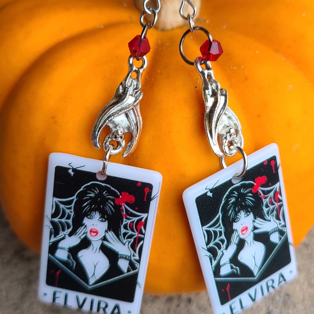 Elvira Halloween season dangle earrings, with bats. Silver, stainless steel hook